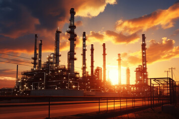 Oil refinery plant from industry zone, Aerial view oil and gas industrial, Refinery factory oil storage tank and pipeline steel at sunset. Smoke from the pipes.