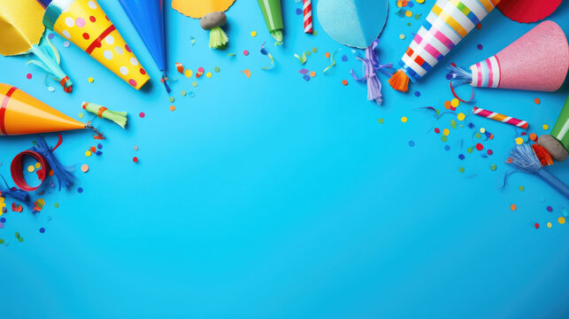 Birthday party caps, blowers and candles on blue background , happy birthday background