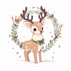 christmas  Cute cartoon deer with antlers isolated on white background. Vector illustration.