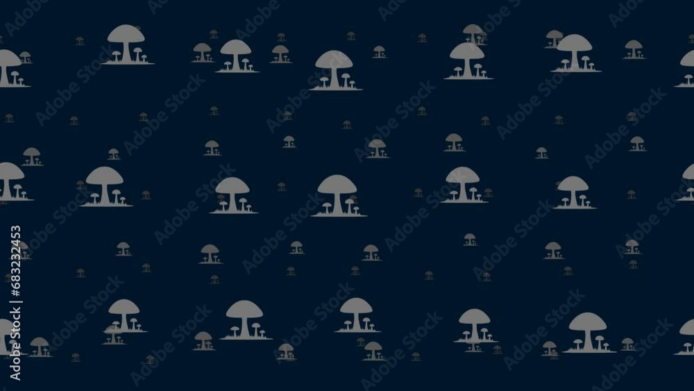 Poster mushrooms symbols float horizontally from left to right. parallax fly effect. floating symbols are l