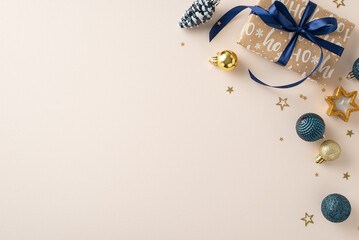 Embrace New Year's spirit with festive arrangement. Top view giftbox, elegant balls, pine cone...