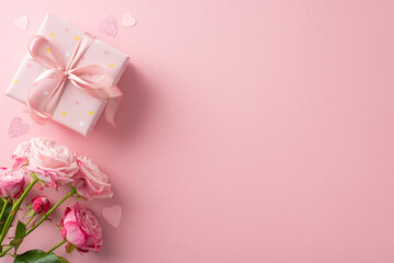 Create a romantic atmosphere on Valentine's Day with this top view display. Gift box, bunch of roses, heart confetti on a pastel pink background. Empty space for text