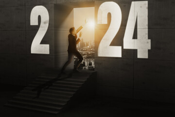 2024 new year numbers on wall, opportunity businessman standing on staircase to looking keyhole...