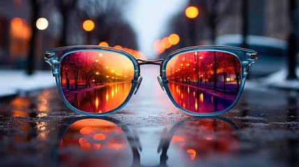 Foto op Plexiglas A pair of sunglasses sitting on top of a puddle of water © Maria Starus