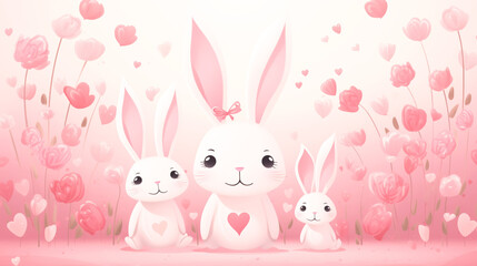 Obraz na płótnie Canvas Valentine's day background with cute rabbits and flowers.