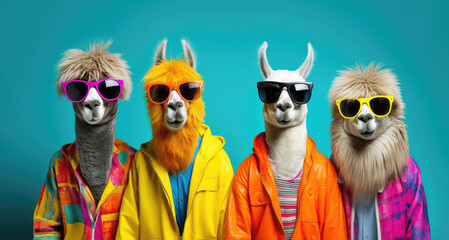 Cute funny llama group as yoga retreat in colorful clothes - obrazy, fototapety, plakaty