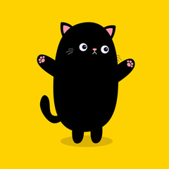 Cat with hands, pink paw print, cheeks. Cute sad black kitten. Funny face head. Cartoon baby character. Funny kawaii animal. Pet collection. Sticker print. Flat design. Yellow background. Isolated.