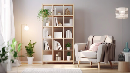 Fototapeta na wymiar Scandinavian interior design with armchair in living room