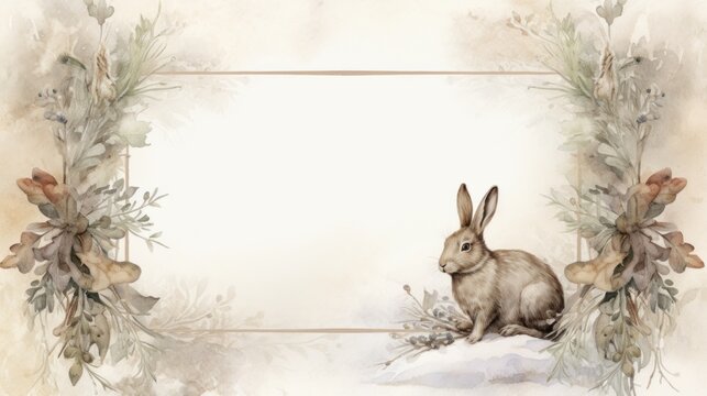 A watercolor painting of a rabbit sitting in the snow
