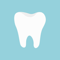 White Tooth icon. Oral dental health hygiene. Teeth dentist sign symbol. Healthy whitening concept. Children teeth care. Flat design. Blue background. Isolated.