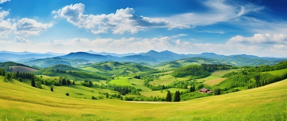 Fototapeta na wymiar Beautiful landscape with green meadows and blue sky with clouds.
