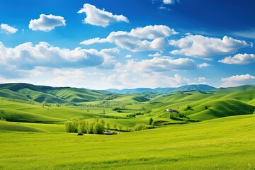 Beautiful landscape with green meadows and blue sky with clouds.