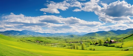 Beautiful landscape with green meadows and blue sky with clouds.