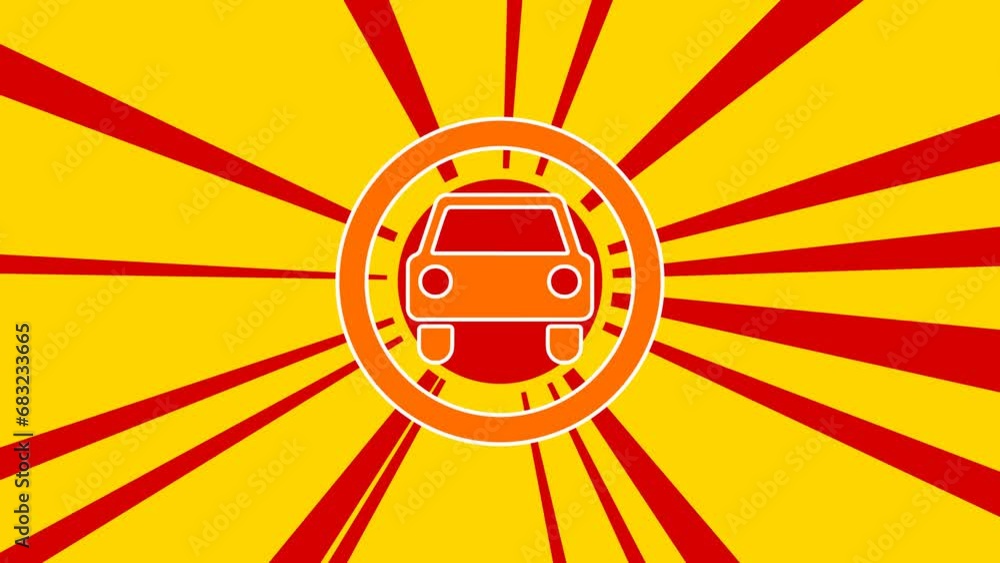 Poster no car sign on the background of animation from moving rays of the sun. large orange symbol increase