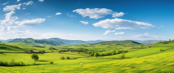 Obraz premium Beautiful landscape with green meadows and blue sky with clouds.