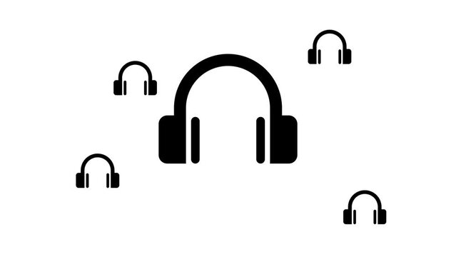 Zoom in and out animation the headphones symbol. Large black symbol in the center and four small symbols around. Seamless looped 4k animation on white background