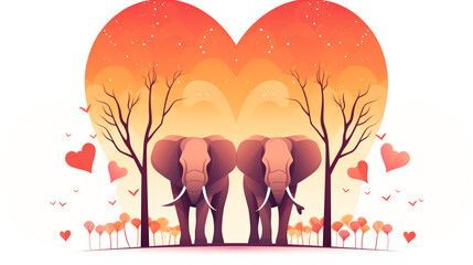 Elephants in the forest with heart shape. Valentine's Day.