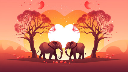 Valentine's day background with hearts, trees and elephants.