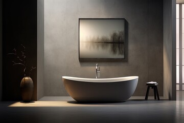 Fototapeta na wymiar Modern bathroom interior with grey bathtub and poster. Created with Ai