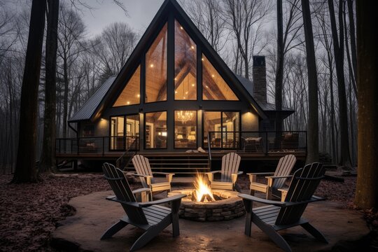 An A frame cabin in the woods with a large firepit and chairs in front of it - snowy winter forest landscape