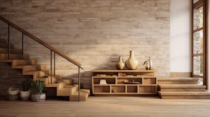 Modern living room with stairs and shelf. created with Ai - obrazy, fototapety, plakaty