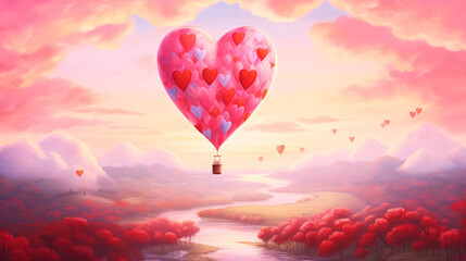 Fototapeta na wymiar Valentine's Day background with heart shaped hot air balloon in the sky.