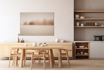 Modern dining room interior design with wooden table and chairs and shelf. Created with Ai