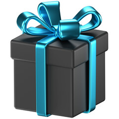 3D illustration of a black gift box with light-blue bow & ribbons.