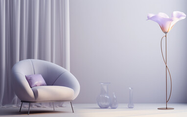 Minimalist classic interior design in lavender colors with armchair and glass floor lamp in flower shape