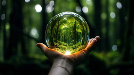 Poster Hand holding glass ball with green trees and forest in background. Generative AI © Paradoxx