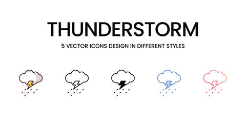 Thunderstorm Icon Design in Five style with Editable Stroke. Line, Solid, Flat Line, Duo Tone Color, and Color Gradient Line. Suitable for Web Page, Mobile App, UI, UX and GUI design.