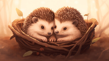 Two cute hedgehogs in a basket in the autumn forest.