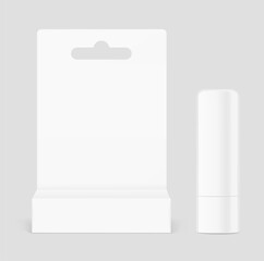 Lipstick care tube mockup with blister packaging. Front view. Vector illustration isolated on grey background. Can be use for your design, advertising, promo and etc. EPS10.  - obrazy, fototapety, plakaty