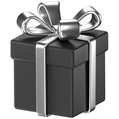 3D illustration of a black gift box with silver bow & ribbons.