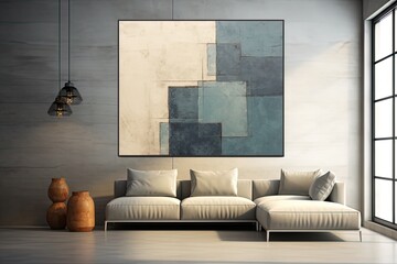 Living room interior design with greyb sofa, poster on wall, plants and window. Created with Ai