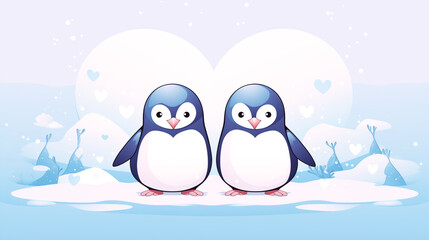 Cute penguin couple in love on the snow, Valentine's Day.