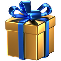 3D illustration of a gold gift box with blue bow & ribbons.
