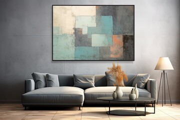 Modern living room with grey sofa, grey wall, table and painting. Created with Ai
