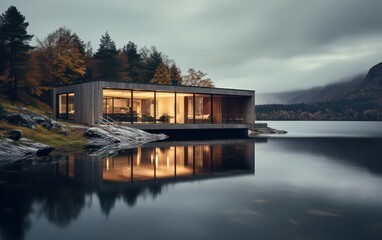Obraz premium A modern lakeside wooden cabin, styled in the fisherman house tradition, stands gracefully atop the water's surface, giving an impression of floating serenely on the lake.