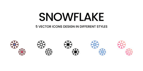 Snowflake Icon Design in Five style with Editable Stroke. Line, Solid, Flat Line, Duo Tone Color, and Color Gradient Line. Suitable for Web Page, Mobile App, UI, UX and GUI design.