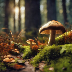 Large mushroom in the moss on the forest floor. Small mushrooms next to it. Mystical
