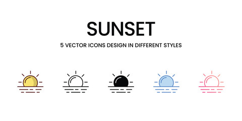 Sunset Icon Design in Five style with Editable Stroke. Line, Solid, Flat Line, Duo Tone Color, and Color Gradient Line. Suitable for Web Page, Mobile App, UI, UX and GUI design.