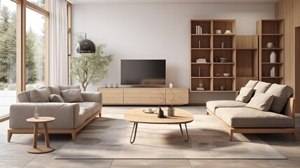 Modern interior design of living room with large tv, round table, sofa and shelf. Created with Ai