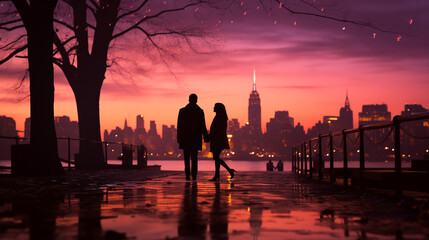 Fototapeta premium Silhouette of a romantic couple walking in New York City at sunset. Valentine's Day.