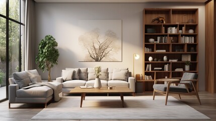 Living room interior with white sofa, painting on wall, book shelf and table. Created with Ai
