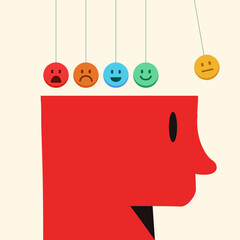Emotional swing-human head silhouette with emotion face flat color style background for psyhology book, bussines metaphor, poster, flyer, booklet. Vector 10 eps