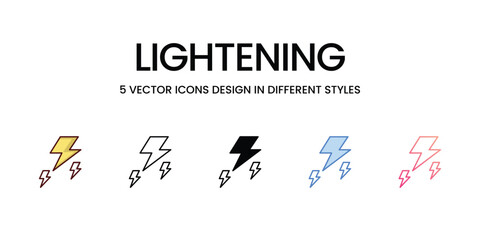 Lightening Icon Design in Five style with Editable Stroke. Line, Solid, Flat Line, Duo Tone Color, and Color Gradient Line. Suitable for Web Page, Mobile App, UI, UX and GUI design.