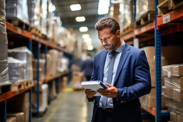 Industrial Oversight: Man Standing in a Warehouse with a Clipboard in Front