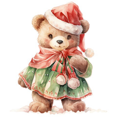 Christmas teddy bear wearing christmas costume on transparent background