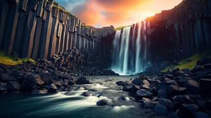 Morning view of the famed Svartifoss (Black Fall). Waterfall Summer sunrise in Skate fell, Vatnajokull National Park, Iceland,  Photo with artistic post-processing